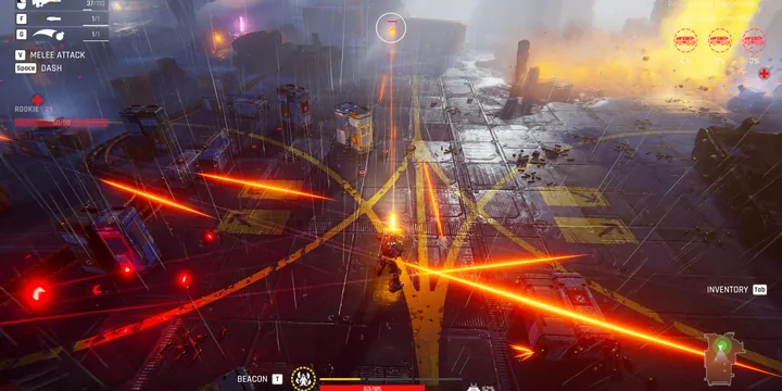 Official Steam store screenshot: base floor with yellow hazard markings, a glowing central structure and red laser beams in the corridor.