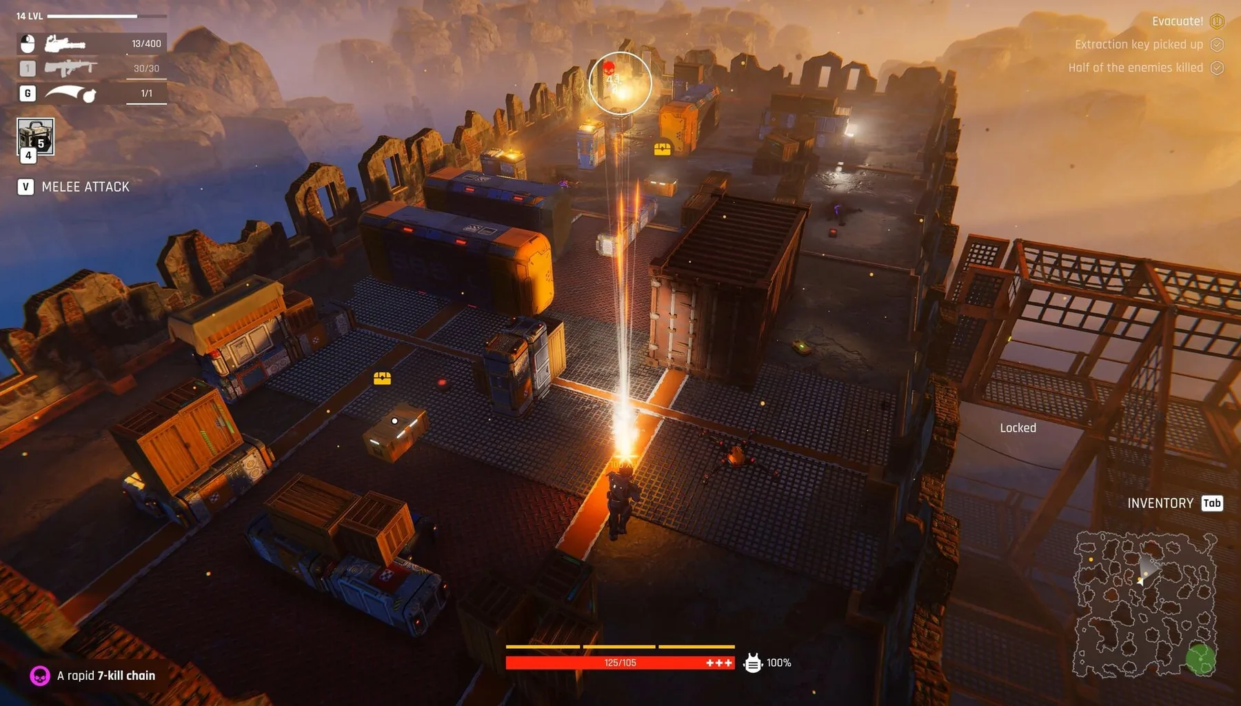 Official Steam store screenshot: base outpost with a glowing central tower, stacked crates and orange lighting.