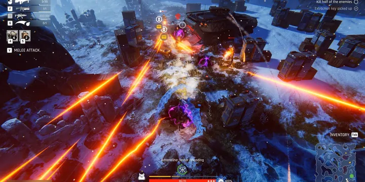 Official Steam store screenshot: snowy ruins with a purple-clad survivor and enemy contact lit by orange weapon fire.