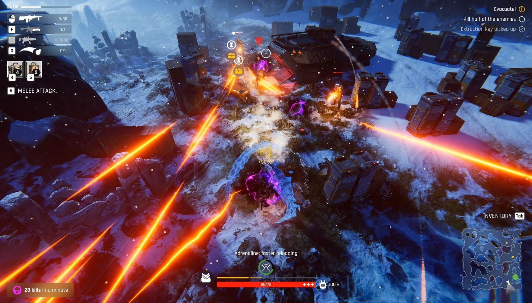 Official Steam store screenshot: snowy ruins with a purple-clad survivor and enemy contact lit by orange weapon fire.