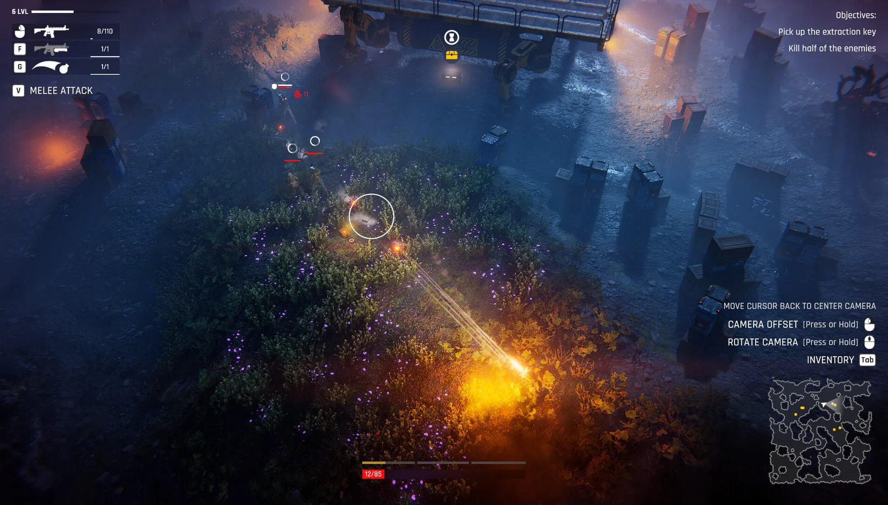 Official Steam store screenshot: blue-lit cave interior during a raid, a yellow laser beam striking an enemy.