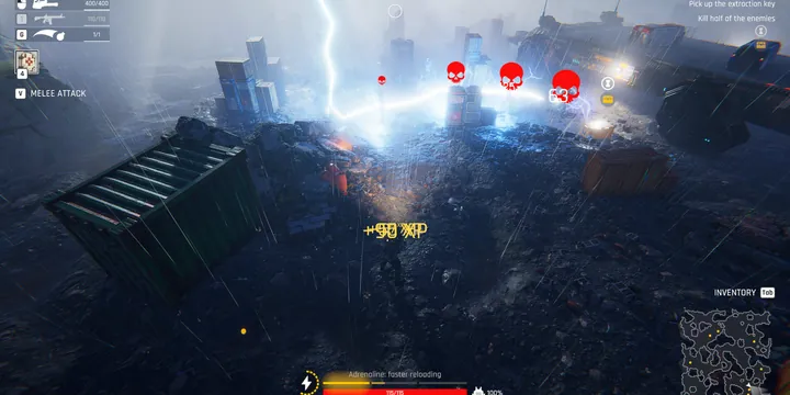Official Steam store screenshot: storm-lit ruins at night, with nearby enemies marked by red icons in the HUD.