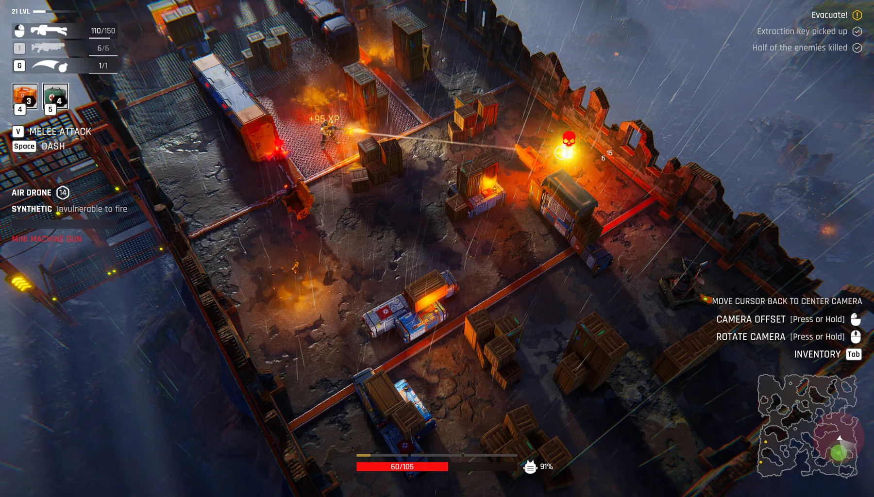 Official Steam store screenshot: fire-lit industrial interior with pipes, where an enemy fighter is caught in an orange explosion.