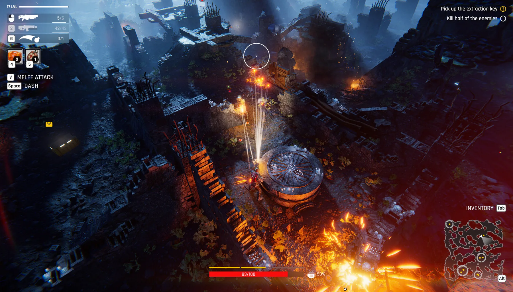 Official Steam store screenshot: fiery industrial exterior with a large circular structure and squad combat.