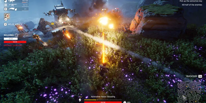 Official Steam store screenshot: overgrown ruins with glowing purple flora and a firefight beside a large enemy vehicle.